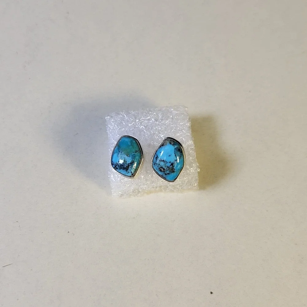 925 Sterling Silver Turquoise Bezel Stud Earrings Vintage Blue Marked